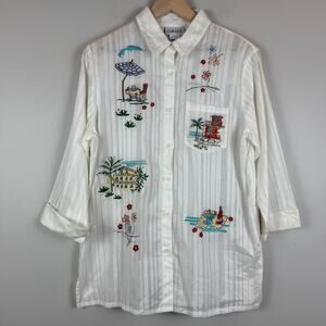 Graff‎ Shirt Women M White Multi Tropical Embroidered Tunic Beach Novelty Vtg